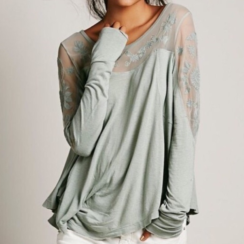 Free People New Romantics Sheer Lace Long Sleeve Blouse in Soft Sage Green